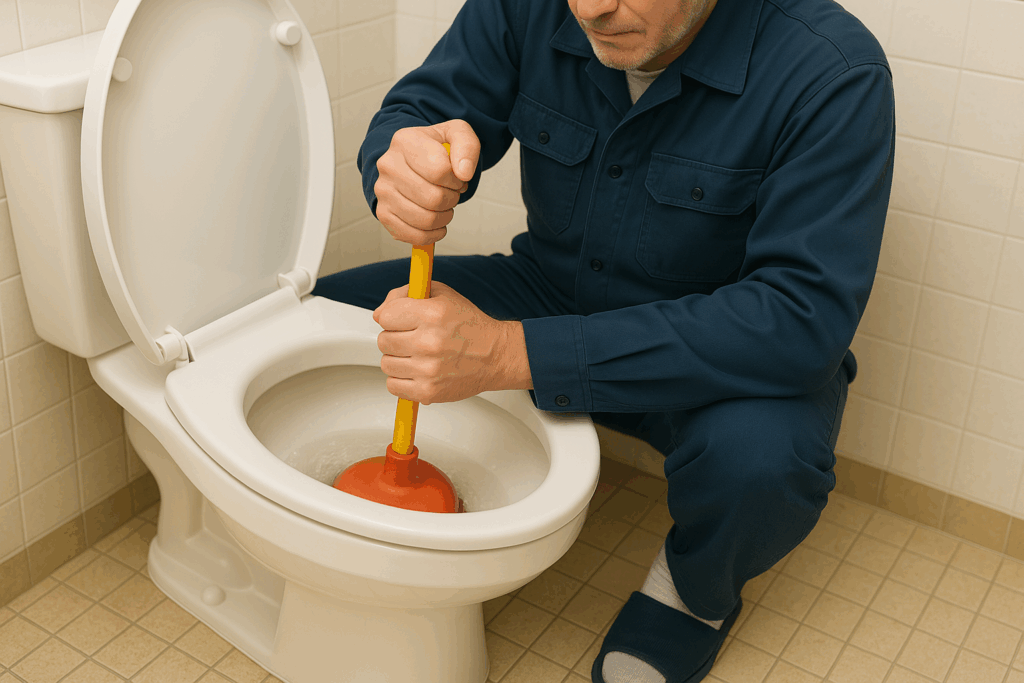 すっぽんでのトイレつまり解消作業についてラバーカップの使い方を見せている業者