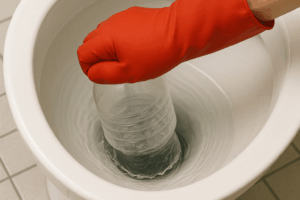 ペットボトルを使ってトイレ便器のつまりを解消しようとしているところ
