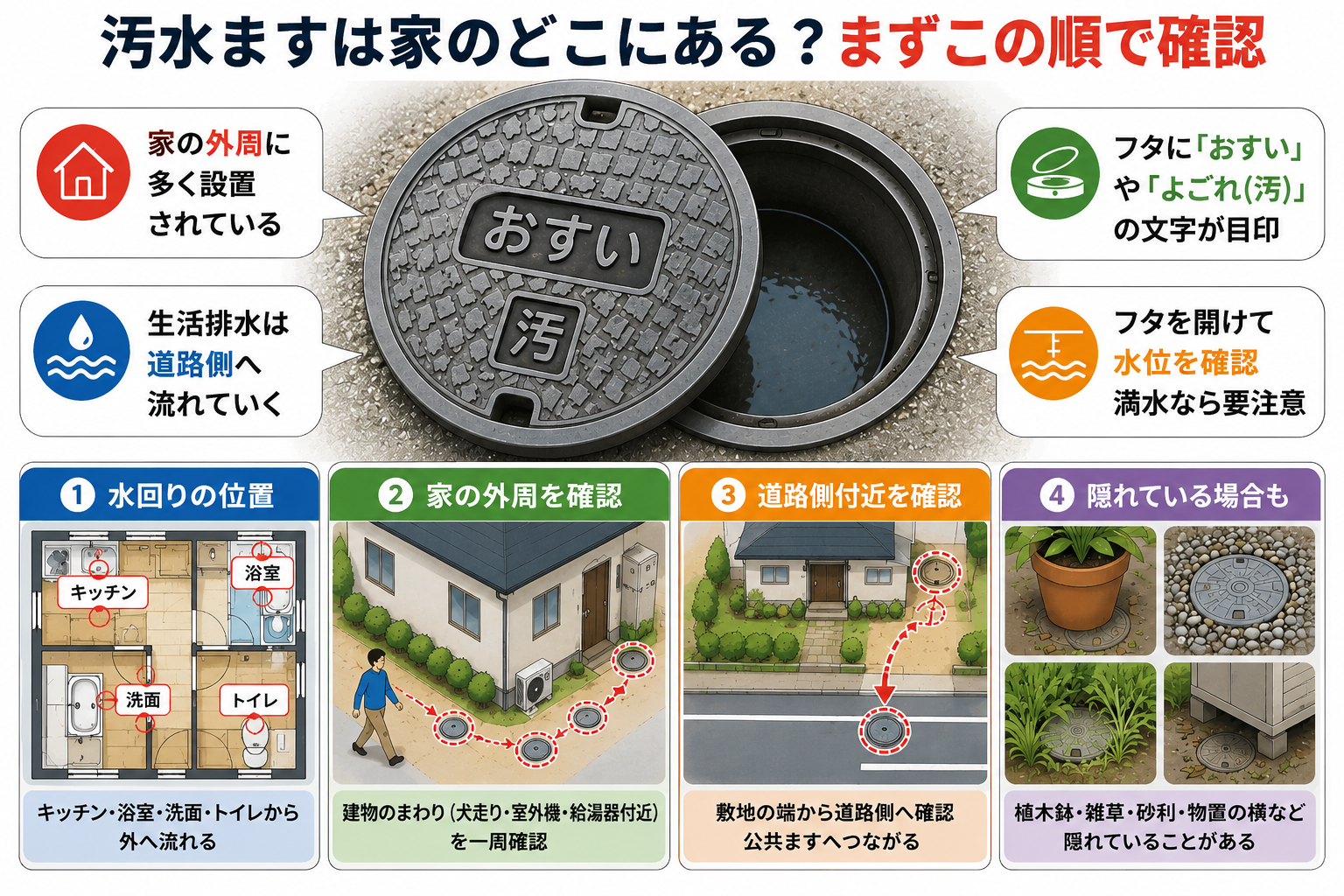 汚水ます発見のための特徴や位置まとめ